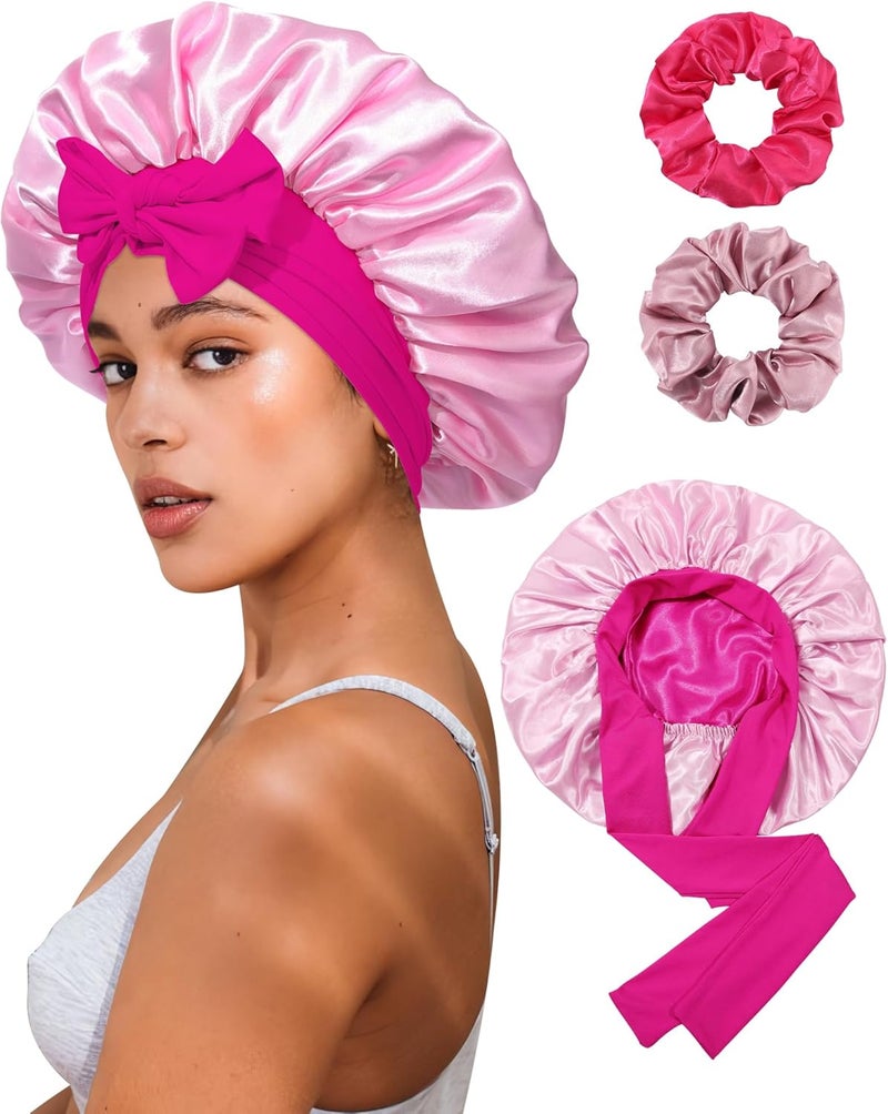 CHLINS Reversible Satin Bonnet for Sleeping Women Double Layer Hair Bonnet with 2PCS Hair Scrunchies Elastic Tie Band Night Cap - Image 1